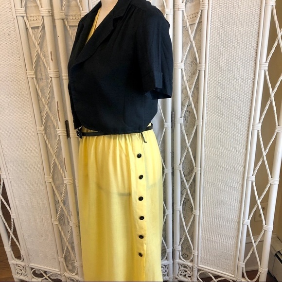 Vintage 70s Dress Yellow with Black Cropped Jacket and Skinny Belt size Medium - Picture 7 of 16
